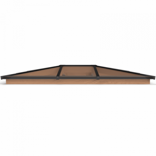 Lichtstraat met schilddak, onderbouw van onbehandeld douglas, gelaagd glas, 286,8 x 205 cm, zwart.