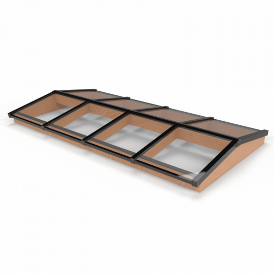 Lichtstraat met zadeldak, onderbouw van onbehandeld douglas, gelaagd glas, 322,2 x 155 cm, zwart.
