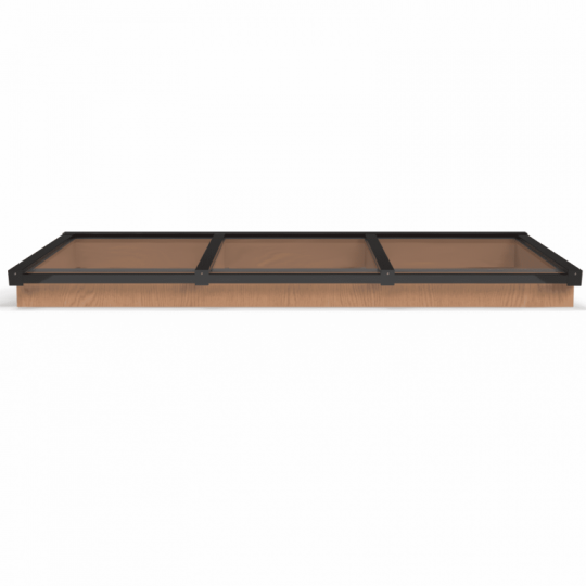 Lichtstraat met zadeldak, onderbouw van onbehandeld douglas, gelaagd glas, 240,2 x 205 cm, zwart.