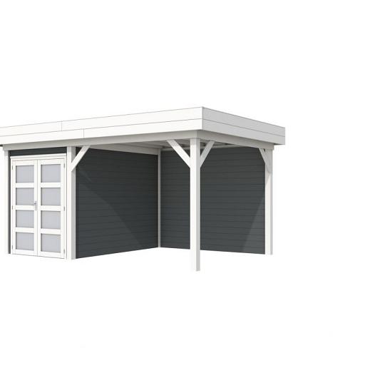 Vuren Topvision Zwaluw, 200 x 300 en luifel 300 cm, wanden antraciet en basis wit.