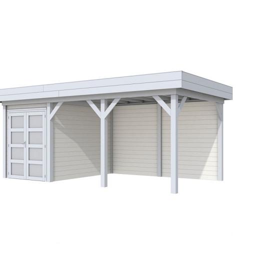 Vuren Topvision Zwaluw, 200 x 300 en luifel 400 cm, wanden wit en basis lichtgrijs.