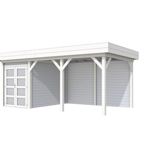 Vuren Topvision Zwaluw, 200 x 300 en luifel 400 cm, wanden lichtgrijs en basis wit.