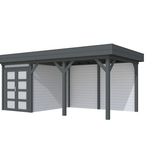 Vuren Topvision Zwaluw, 200 x 300 en luifel 400 cm, wanden lichtgrijs en basis antraciet.