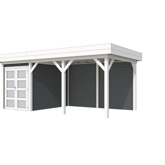 Vuren Topvision Zwaluw, 200 x 300 en luifel 400 cm, wanden antraciet en basis wit.