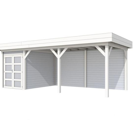 Vuren Topvision Zwaluw, 200 x 300 en luifel 500 cm, wanden lichtgrijs en basis wit.