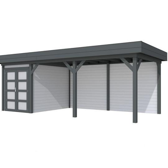 Vuren Topvision Zwaluw, 200 x 300 en luifel 500 cm, wanden lichtgrijs en basis antraciet.