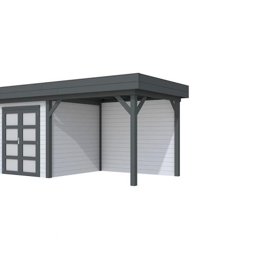 Vuren Topvision Kolibri, 250 x 250 en luifel 300 cm, wanden lichtgrijs en basis antraciet.