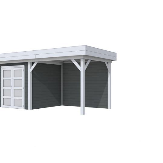 Vuren Topvision Kolibri, 250 x 250 en luifel 300 cm, wanden antraciet en basis lichtgrijs.