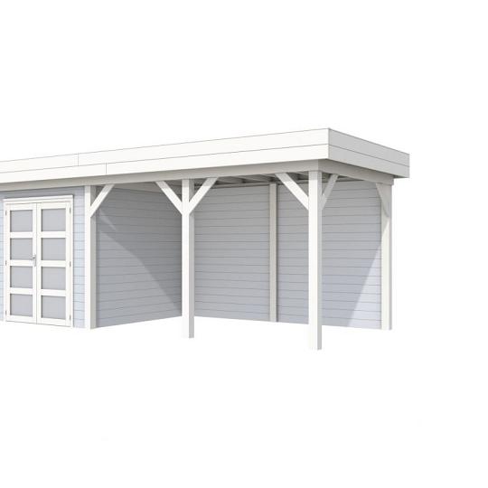 Vuren Topvision Kolibri, 250 x 250 en luifel 400 cm, wanden lichtgrijs en basis wit.