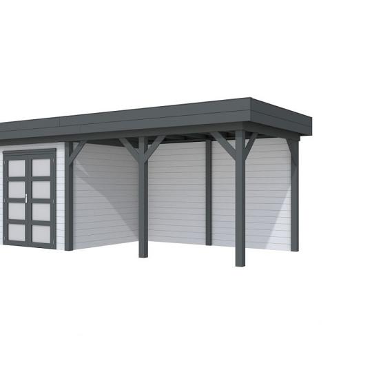 Vuren Topvision Kolibri, 250 x 250 en luifel 400 cm, wanden lichtgrijs en basis antraciet.