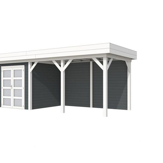 Vuren Topvision Kolibri, 250 x 250 en luifel 400 cm, wanden antraciet en basis wit.