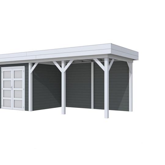 Vuren Topvision Kolibri, 250 x 250 en luifel 400 cm, wanden antraciet en basis lichtgrijs.