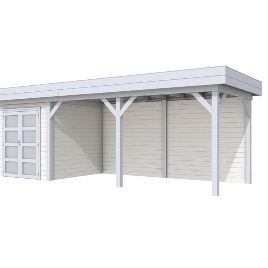 Vuren Topvision Kolibri, 250 x 250 en luifel 500 cm, wanden wit en basis lichtgrijs.