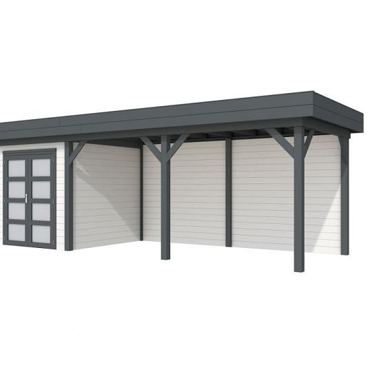 Vuren Topvision Kolibri, 250 x 250 en luifel 500 cm, wanden wit en basis antraciet.