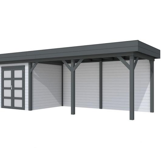 Vuren Topvision Kolibri, 250 x 250 en luifel 500 cm, wanden lichtgrijs en basis antraciet.