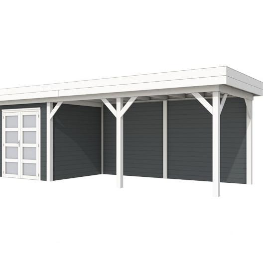 Vuren Topvision Kolibri, 250 x 250 en luifel 500 cm, wanden antraciet en basis wit.