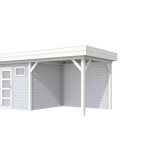 Vuren Topvision Kuifmees, 250 x 250 en luifel 300 cm, wanden lichtgrijs en basis wit.