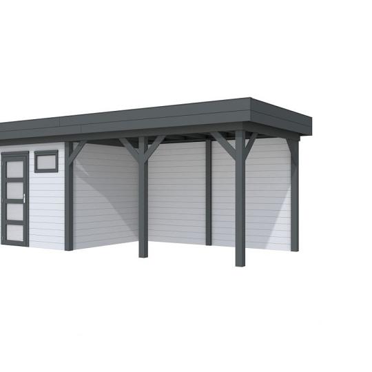 Vuren Topvision Kuifmees, 250 x 250 en luifel 400 cm, wanden lichtgrijs en basis antraciet.