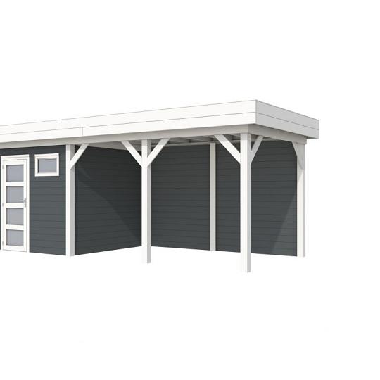 Vuren Topvision Kuifmees, 250 x 250 en luifel 400 cm, wanden antraciet en basis wit.