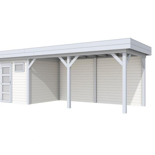 Vuren Topvision Kuifmees, 250 x 250 en luifel 500 cm, wanden wit en basis lichtgrijs.