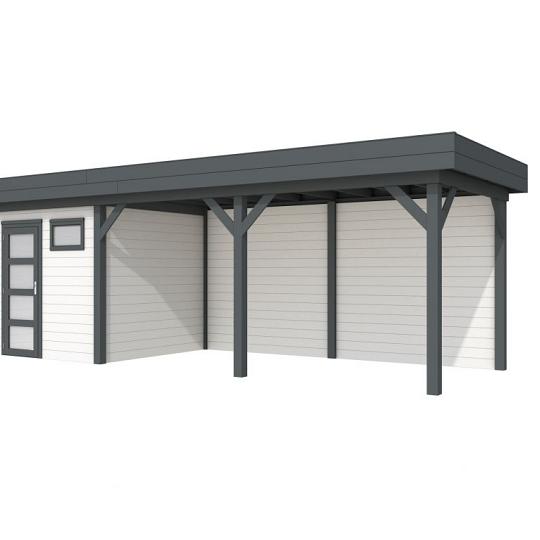 Vuren Topvision Kuifmees, 250 x 250 en luifel 500 cm, wanden wit en basis antraciet.