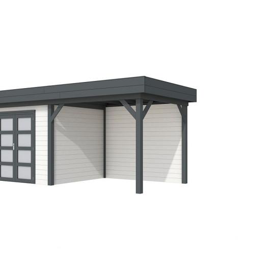 Vuren Topvision Bonte Specht, 300 x 250 en luifel 300 cm, wanden wit en basis antraciet.