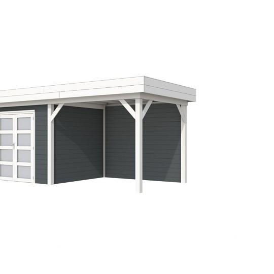 Vuren Topvision Bonte Specht, 300 x 250 en luifel 300 cm, wanden antraciet en basis wit.