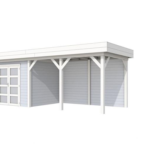 Vuren Topvision Bonte Specht, 300 x 250 en luifel 400 cm, wanden lichtgrijs en basis wit.