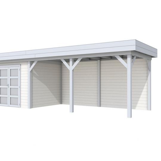 Vuren Topvision Bonte Specht, 300 x 250 en luifel 500 cm, wanden wit en basis lichtgrijs.