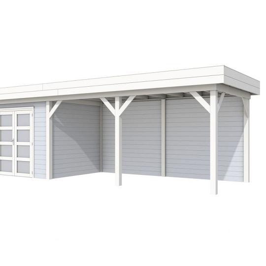 Vuren Topvision Bonte Specht, 300 x 250 en luifel 500 cm, wanden lichtgrijs en basis wit.