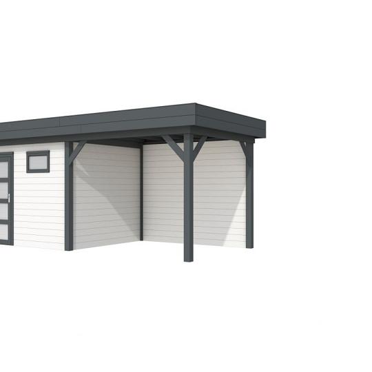 Vuren Topvision Bonte Kraai, 300 x 250 en luifel 300 cm, wanden wit en basis antraciet.