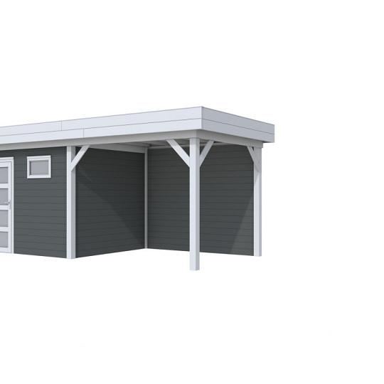 Vuren Topvision Bonte Kraai, 300 x 250 en luifel 300 cm, wanden antraciet en basis lichtgrijs.