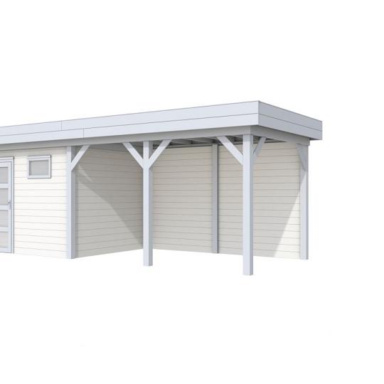 Vuren Topvision Bonte Kraai, 300 x 250 en luifel 400 cm, wanden wit en basis lichtgrijs.