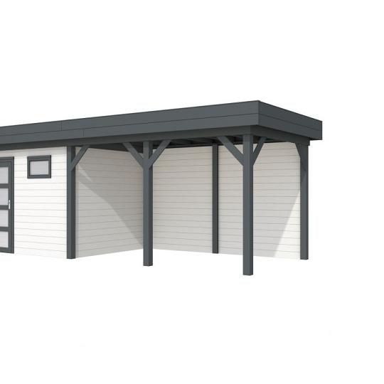 Vuren Topvision Bonte Kraai, 300 x 250 en luifel 400 cm, wanden wit en basis antraciet.