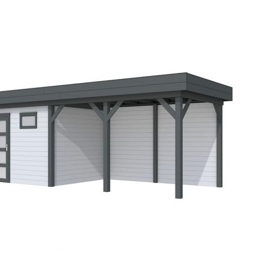 Vuren Topvision Bonte Kraai, 300 x 250 en luifel 400 cm, wanden lichtgrijs en basis antraciet.