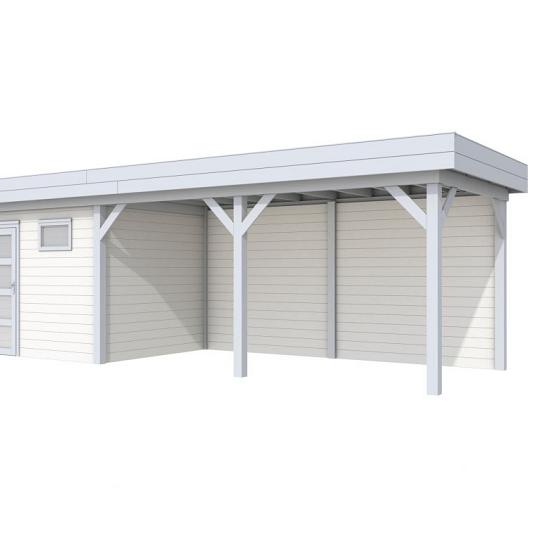 Vuren Topvision Bonte Kraai, 300 x 250 en luifel 500 cm, wanden wit en basis lichtgrijs.