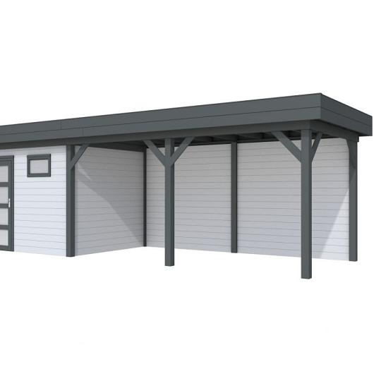 Vuren Topvision Bonte Kraai, 300 x 250 en luifel 500 cm, wanden lichtgrijs en basis antraciet.