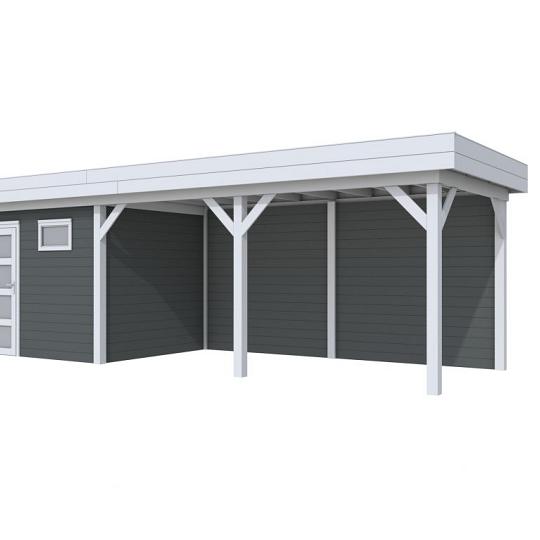 Vuren Topvision Bonte Kraai, 300 x 250 en luifel 500 cm, wanden antraciet en basis lichtgrijs.