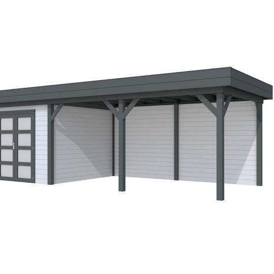 Vuren Topvision Bosuil, 300 x 300 en luifel 500 cm, wanden lichtgrijs en basis antraciet.