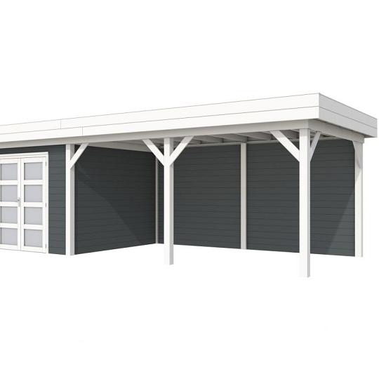 Vuren Topvision Bosuil, 300 x 300 en luifel 500 cm, wanden antraciet en basis wit.