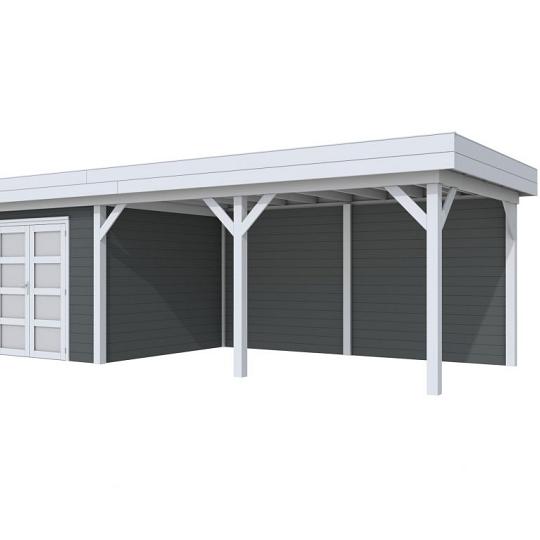 Vuren Topvision Bosuil, 300 x 300 en luifel 500 cm, wanden antraciet en basis lichtgrijs.