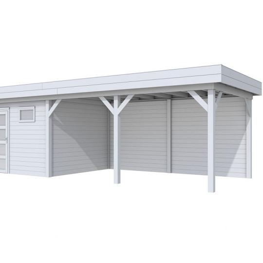 Vuren Topvision Tapuit, 300 x 300 en luifel 500 cm, lichtgrijs gespoten.