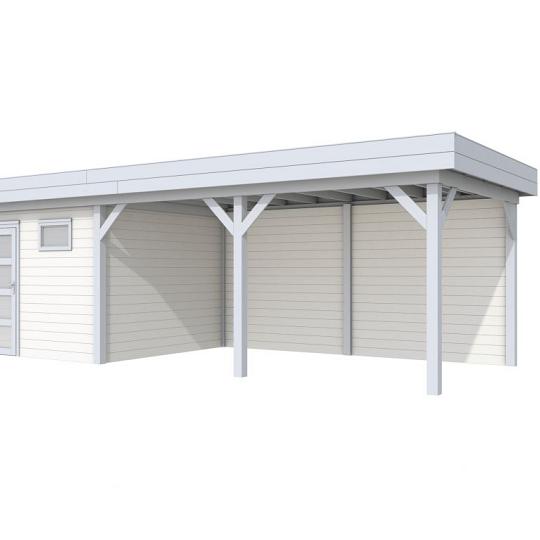 Vuren Topvision Tapuit, 300 x 300 en luifel 500 cm, wanden wit en basis lichtgrijs.