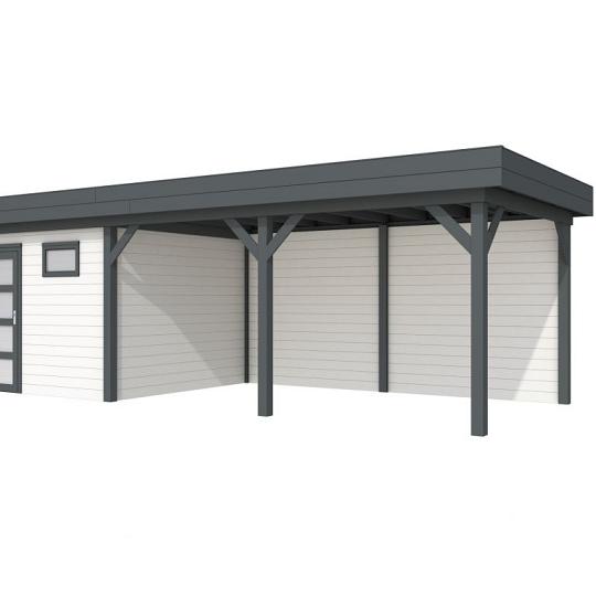 Vuren Topvision Tapuit, 300 x 300 en luifel 500 cm, wanden wit en basis antraciet.