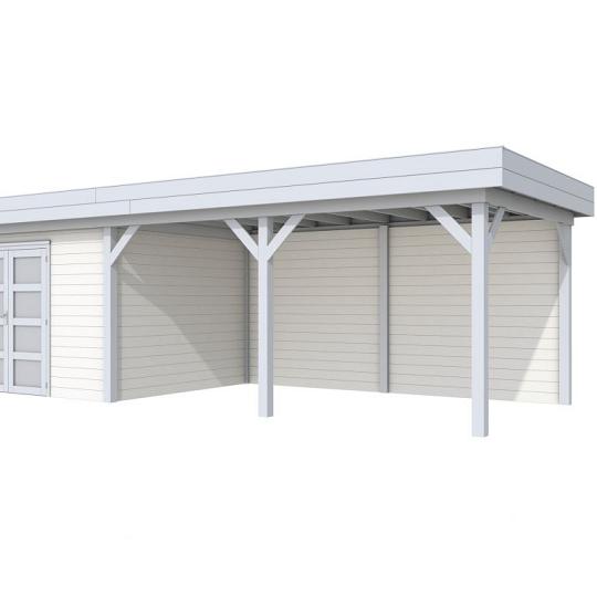 Vuren Topvision Parelhoen, 400 x 300 en luifel 500 cm, wanden wit en basis lichtgrijs.