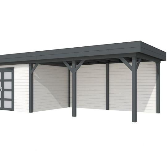 Vuren Topvision Parelhoen, 400 x 300 en luifel 500 cm, wanden wit en basis antraciet.