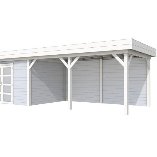 Vuren Topvision Parelhoen, 400 x 300 en luifel 500 cm, wanden lichtgrijs en basis wit.