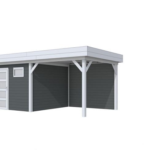 Vuren Topvision Kievit, 400 x 300 en luifel 300 cm, wanden antraciet en basis lichtgrijs.