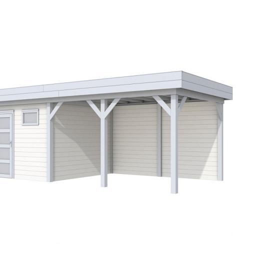 Vuren Topvision Kievit, 400 x 300 en luifel 400 cm, wanden wit en basis lichtgrijs.