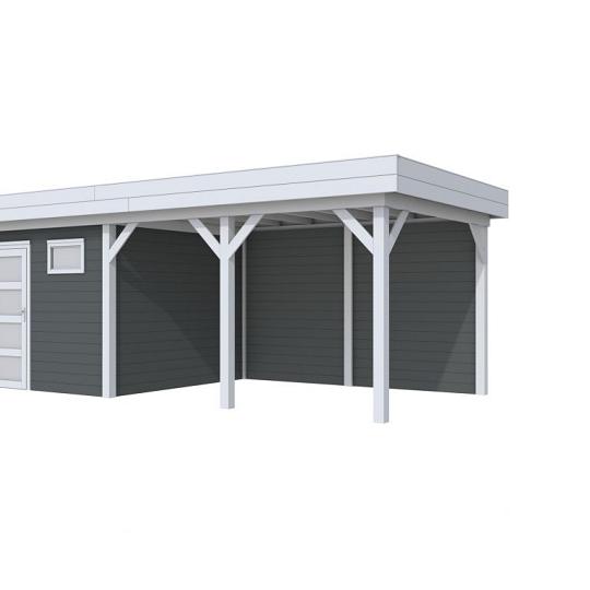 Vuren Topvision Kievit, 400 x 300 en luifel 400 cm, wanden antraciet en basis lichtgrijs.